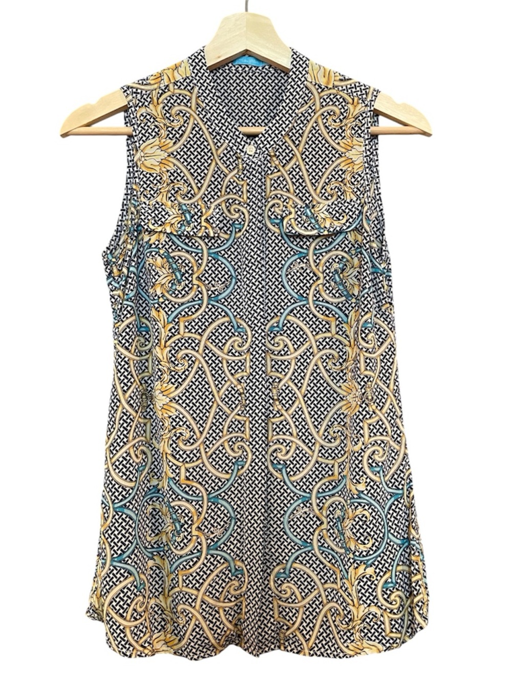 J. McLaughlin Equestrian Gold Chain  Blouse Button Down XS Geometric Print Top